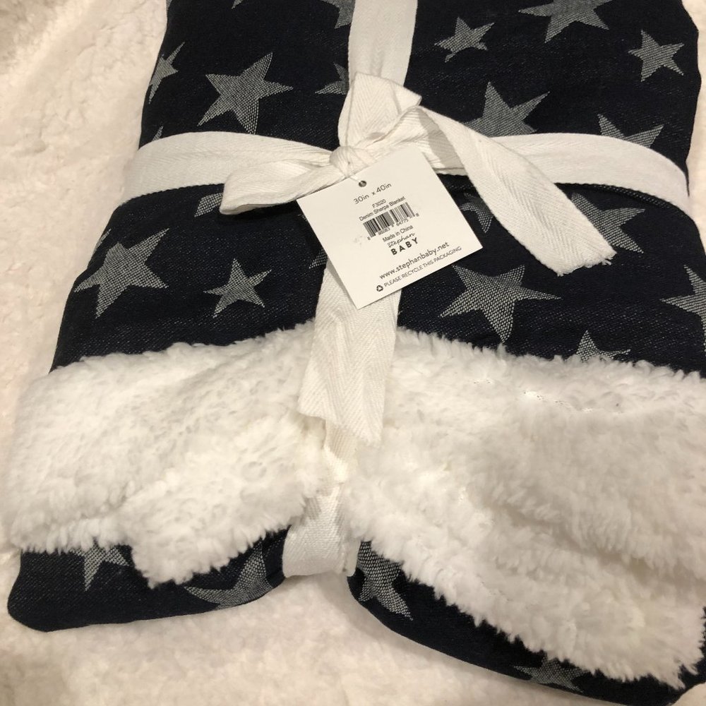 Denim Sherpa Baby Blanket 30x40” Reversible Stars Pattern New